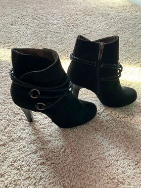 Tamaris Women's Black Suede Leather Ankle Booties with Braided Strap Detail